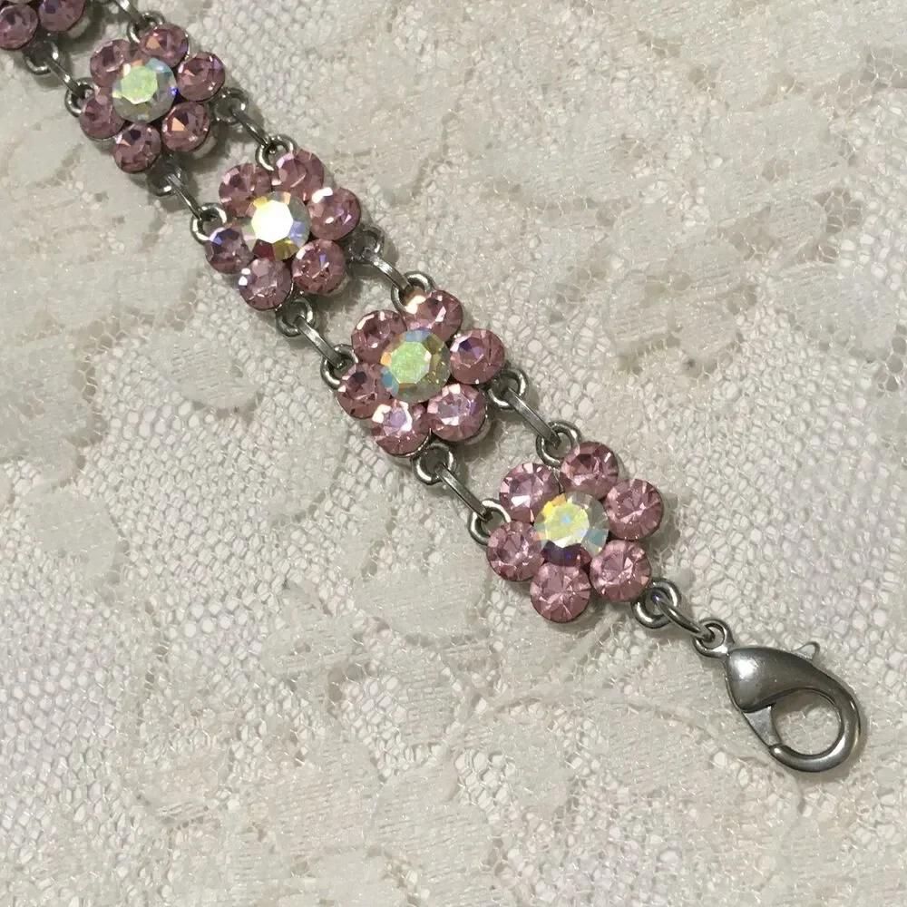 Rhinestone Floral Chain Bracelet Pink AB Stones Silver tone Coquette girl style